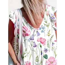 Women Floral Plant Print V-Neck Ruffle Sleeveless Jumpsuit