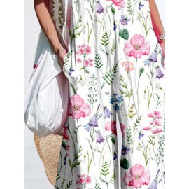 Women Floral Plant Print V-Neck Ruffle Sleeveless Jumpsuit