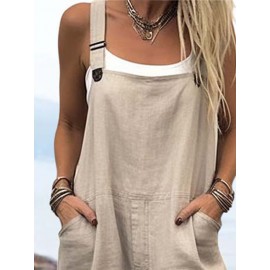 Women Solid Color Double Pocket Casual Overall Jumpsuit