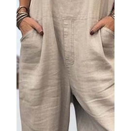 Women Solid Color Double Pocket Casual Overall Jumpsuit