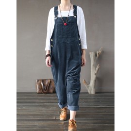 Solid Color Button Pockets Sleeveless Corduroy Jumpsuits