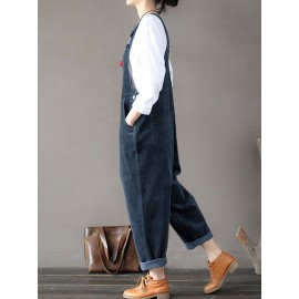 Solid Color Button Pockets Sleeveless Corduroy Jumpsuits