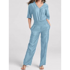 Women Solid V-Neck Shirred Waist Half Sleeve Denim Jumpsuit