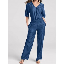 Women Solid V-Neck Shirred Waist Half Sleeve Denim Jumpsuit