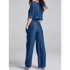 Women Solid V-Neck Shirred Waist Half Sleeve Denim Jumpsuit