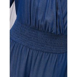Women Solid V-Neck Shirred Waist Half Sleeve Denim Jumpsuit