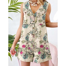 Plant Print Pocket Button Sleeveless V Neck Casual Cotton Romper Plant Print Pocket Button Sleeveless V Neck Casual Cotton Romper