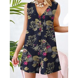Plant Print Pocket Button Sleeveless V Neck Casual Cotton Romper Plant Print Pocket Button Sleeveless V Neck Casual Cotton Romper
