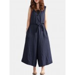 Women V-neck Belted Flare  Overalls Jumpsuits