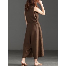 Women V-neck Belted Flare  Overalls Jumpsuits