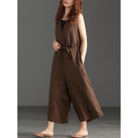 Women V-neck Belted Flare  Overalls Jumpsuits