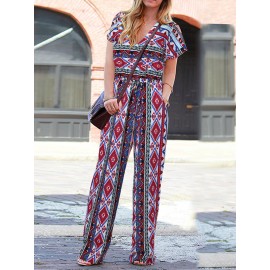 Women Bohemian Geometric Print V-Neck Short Sleeve Jumpsuit