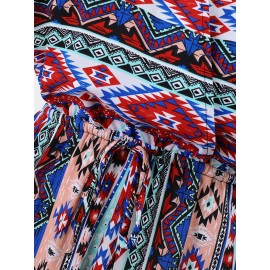 Women Bohemian Geometric Print V-Neck Short Sleeve Jumpsuit