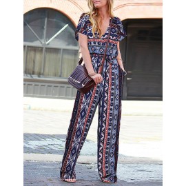 Women Bohemian Geometric Print V-Neck Short Sleeve Jumpsuit