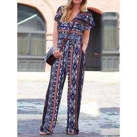 Women Bohemian Geometric Print V-Neck Short Sleeve Jumpsuit