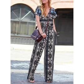 Women Bohemian Geometric Print V-Neck Short Sleeve Jumpsuit
