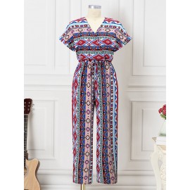 Women Bohemian Geometric Print V-Neck Short Sleeve Jumpsuit