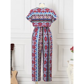 Women Bohemian Geometric Print V-Neck Short Sleeve Jumpsuit
