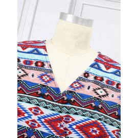 Women Bohemian Geometric Print V-Neck Short Sleeve Jumpsuit