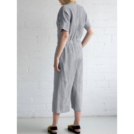 Women Solid V-Neck Cotton Short Sleeve Belted Jumpsuit
