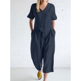 Women Solid V-Neck Cotton Short Sleeve Belted Jumpsuit