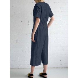 Women Solid V-Neck Cotton Short Sleeve Belted Jumpsuit