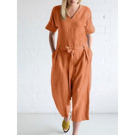 Women Solid V-Neck Cotton Short Sleeve Belted Jumpsuit