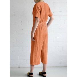 Women Solid V-Neck Cotton Short Sleeve Belted Jumpsuit