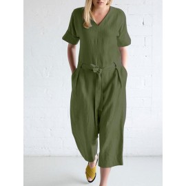 Women Solid V-Neck Cotton Short Sleeve Belted Jumpsuit