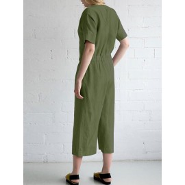 Women Solid V-Neck Cotton Short Sleeve Belted Jumpsuit