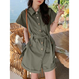 Solid Belt Button Front Pocket Short Sleeve Lapel Cargo Romper Solid Belt Button Front Pocket Short Sleeve Lapel Cargo Romper