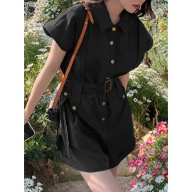 Solid Belt Button Front Pocket Short Sleeve Lapel Cargo Romper Solid Belt Button Front Pocket Short Sleeve Lapel Cargo Romper