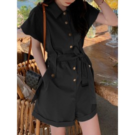 Solid Belt Button Front Pocket Short Sleeve Lapel Cargo Romper Solid Belt Button Front Pocket Short Sleeve Lapel Cargo Romper