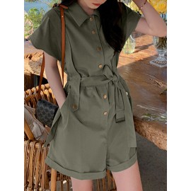 Solid Belt Button Front Pocket Short Sleeve Lapel Cargo Romper Solid Belt Button Front Pocket Short Sleeve Lapel Cargo Romper
