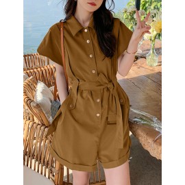 Solid Belt Button Front Pocket Short Sleeve Lapel Cargo Romper Solid Belt Button Front Pocket Short Sleeve Lapel Cargo Romper