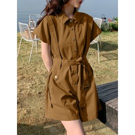 Solid Belt Button Front Pocket Short Sleeve Lapel Cargo Romper Solid Belt Button Front Pocket Short Sleeve Lapel Cargo Romper