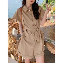 Solid Belt Button Front Pocket Short Sleeve Lapel Cargo Romper Solid Belt Button Front Pocket Short Sleeve Lapel Cargo Romper