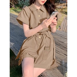 Solid Belt Button Front Pocket Short Sleeve Lapel Cargo Romper Solid Belt Button Front Pocket Short Sleeve Lapel Cargo Romper