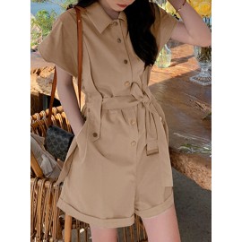 Solid Belt Button Front Pocket Short Sleeve Lapel Cargo Romper Solid Belt Button Front Pocket Short Sleeve Lapel Cargo Romper