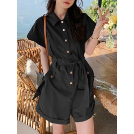 Solid Belt Button Front Pocket Short Sleeve Lapel Cargo Romper Solid Belt Button Front Pocket Short Sleeve Lapel Cargo Romper
