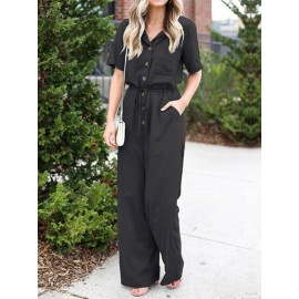 Solid Color Lapel Collar Button Short Sleeve Jumpsuit With Pocket Solid Color Lapel Collar Button Short Sleeve Jumpsuit With Pocket