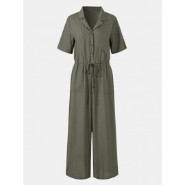 Solid Color Lapel Collar Button Short Sleeve Jumpsuit With Pocket Solid Color Lapel Collar Button Short Sleeve Jumpsuit With Pocket
