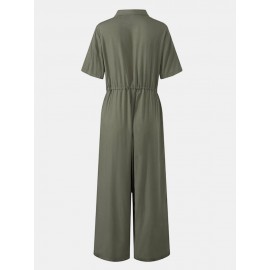 Solid Color Lapel Collar Button Short Sleeve Jumpsuit With Pocket Solid Color Lapel Collar Button Short Sleeve Jumpsuit With Pocket
