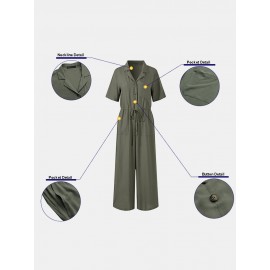Solid Color Lapel Collar Button Short Sleeve Jumpsuit With Pocket Solid Color Lapel Collar Button Short Sleeve Jumpsuit With Pocket