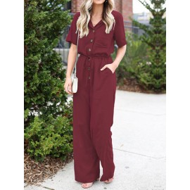 Solid Color Lapel Collar Button Short Sleeve Jumpsuit With Pocket Solid Color Lapel Collar Button Short Sleeve Jumpsuit With Pocket