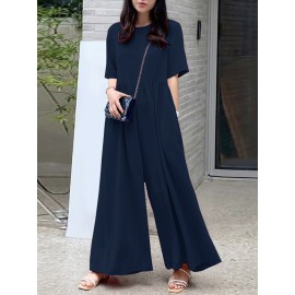 Women Solid Pleated Short Sleeve Wide Leg Jumpsuit