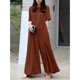Women Solid Pleated Short Sleeve Wide Leg Jumpsuit