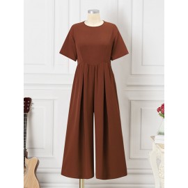 Women Solid Pleated Short Sleeve Wide Leg Jumpsuit