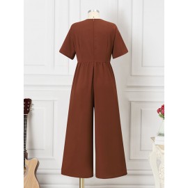 Women Solid Pleated Short Sleeve Wide Leg Jumpsuit