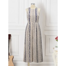 Women Geometric Print Crew Neck Sleeveless Bohemian Wide Leg Jumpsuit